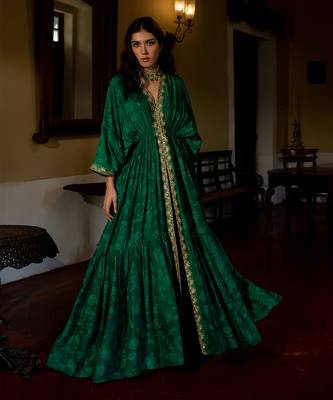 Emerald green woven kaftan set 4