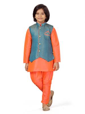 Aarika boys ethnic wear blue-orange solid brocade sherwani pyjama set 1