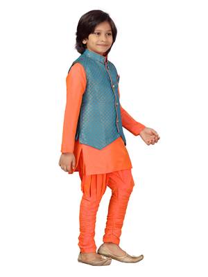Aarika boys ethnic wear blue-orange solid brocade sherwani pyjama set 2
