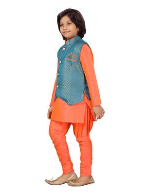 Aarika boys ethnic wear blue-orange solid brocade sherwani pyjama set 3