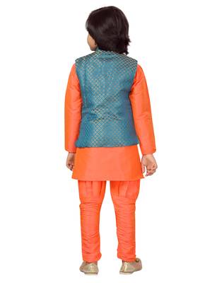 Aarika boys ethnic wear blue-orange solid brocade sherwani pyjama set 4