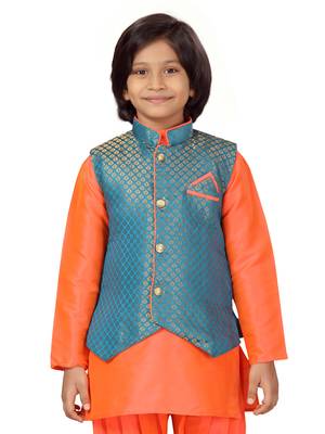 Aarika boys ethnic wear blue-orange solid brocade sherwani pyjama set 5