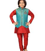Aarika boys ethnic wear green-maroon solid brocade sherwani pyjama set