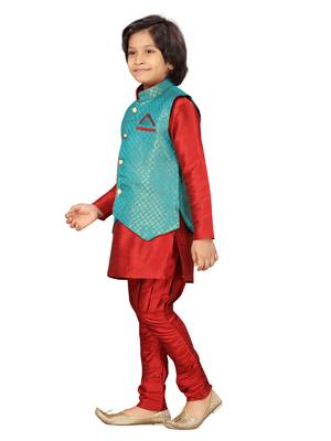 Aarika boys ethnic wear green-maroon solid brocade sherwani pyjama set 3