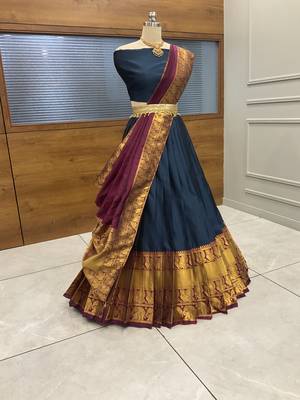 South Indian Traditonal Woven With Zari Work Half Saree 3