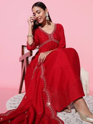 Vichitra Silk Fabric Sequenced Embroidered work Aliya cut Kurta Plazzo and Dupatta Set 1
