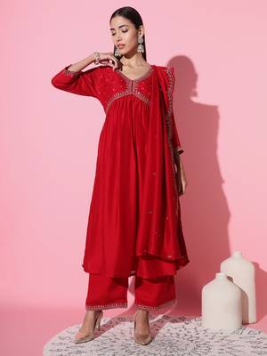 Vichitra Silk Fabric Sequenced Embroidered work Aliya cut Kurta Plazzo and Dupatta Set 2