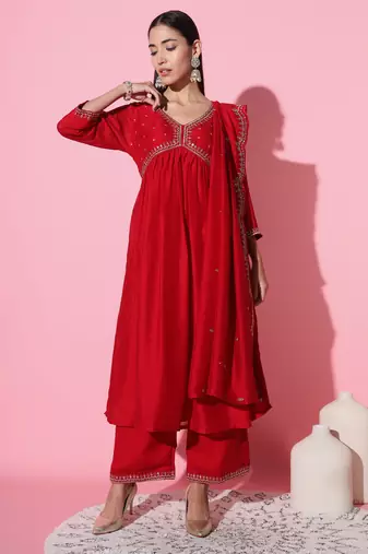 Vichitra Silk Fabric Sequenced Embroidered work Aliya cut Kurta Plazzo and Dupatta Set