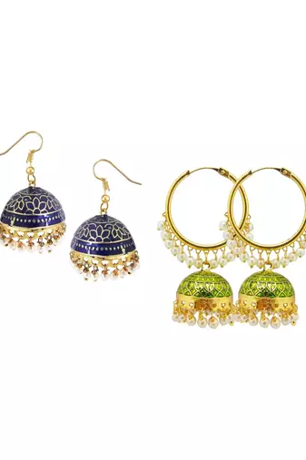  Combo Green & NavyBlue Jumka & Hoop Earring set of 2