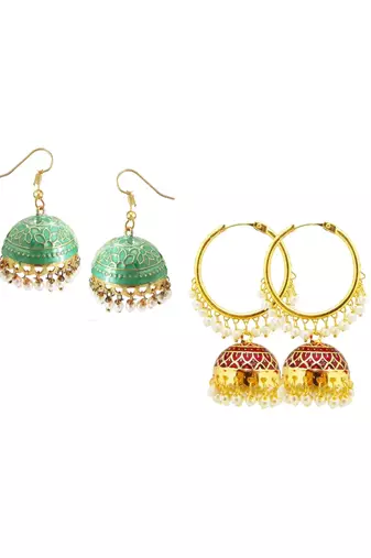  Combo Maroon & Pista Green Jumka & Hoop Earring set of 2