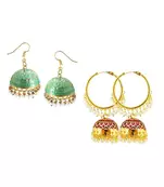  Combo Maroon & Pista Green Jumka & Hoop Earring set of 2