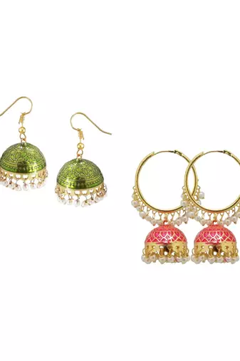  Combo Green & Rani Jumka & Hoop Earring Set of 2