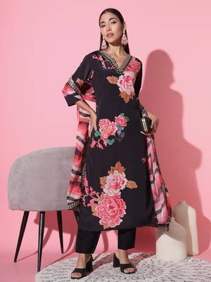 Muslin Fabric Printed and Embroidered work Straight cut Kurta Pant and Dupatta Set 1