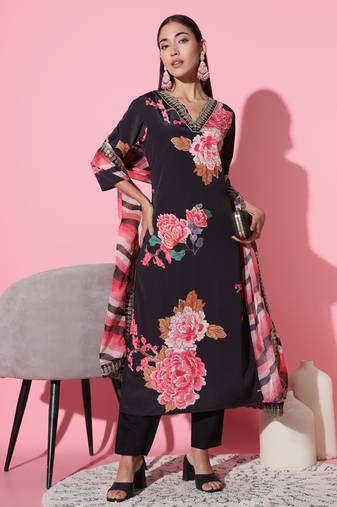 Muslin Fabric Printed and Embroidered work Straight cut Kurta Pant and Dupatta Set