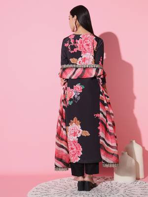 Muslin Fabric Printed and Embroidered work Straight cut Kurta Pant and Dupatta Set 3