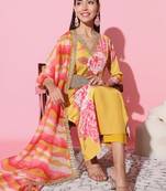 Muslin Fabric Printed and Embroidered work Straight cut Kurta Pant and Dupatta Set