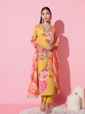 Muslin Fabric Printed and Embroidered work Straight cut Kurta Pant and Dupatta Set 2