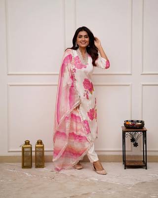 Muslin Fabric Printed and Embroidered work Straight cut Kurta Pant and Dupatta Set 1