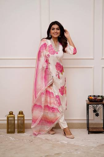 Muslin Fabric Printed and Embroidered work Straight cut Kurta Pant and Dupatta Set