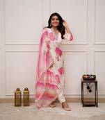 Muslin Fabric Printed and Embroidered work Straight cut Kurta Pant and Dupatta Set
