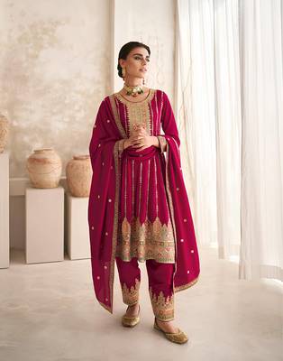 Elegant Ruby Pink Vichitra Full Stitched Ethnic Suit Set with Embroidered Dupatta 1