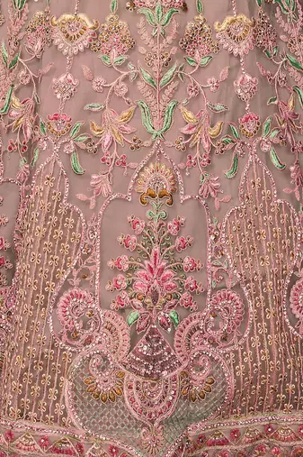 PEACH HEAVY EMBROIDERED NET DESIGNER BRIDAL WEDDING & PARTY WEAR FESTIVAL SEMI STITCHED LEHENGA
