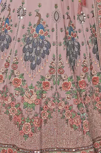 PEACH HEAVY EMBROIDERED GEORGETTE DESIGNER BRIDAL WEDDING & PARTY WEAR FESTIVAL SEMI STITCHED LEHENGA