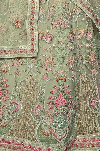 GREEN HEAVY EMBROIDERED NET DESIGNER BRIDAL WEDDING & PARTY WEAR FESTIVAL SEMI STITCHED LEHENGA