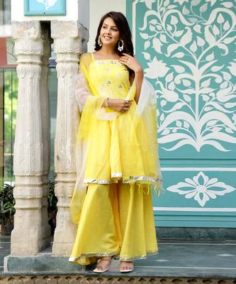 Yellow bandhani mirrorwork suit set 2