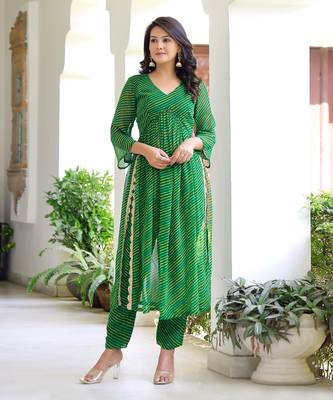 Emerald Green Georgette Leheriya Printed Plus Size Kurti Set 2