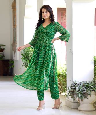 Emerald Green Georgette Leheriya Printed Plus Size Kurti Set 4
