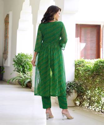 Emerald Green Georgette Leheriya Printed Plus Size Kurti Set 5