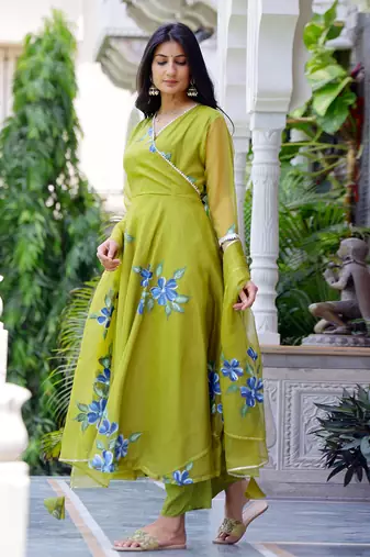 Mehendi green handpainted suit set