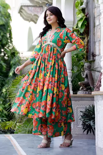 Green floral kurta set