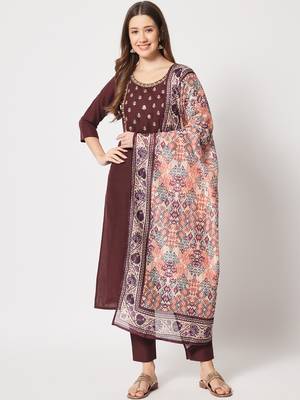 Wine cotton embroidery kurta set 1