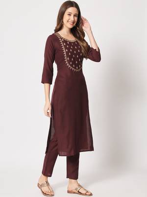Wine cotton embroidery kurta set 3