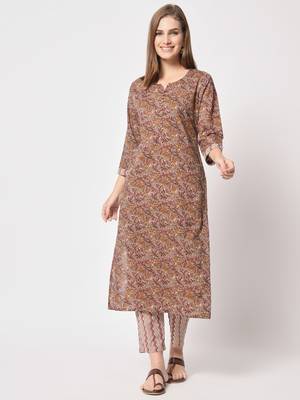 Brown printed cotton kurta set 1