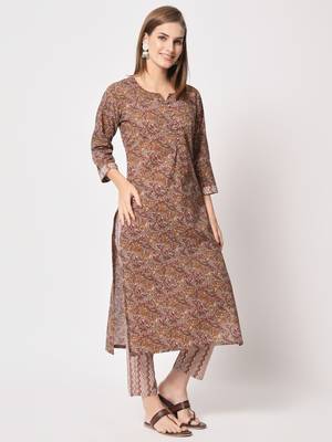 Brown printed cotton kurta set 2
