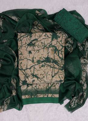 Beige crepe designer printed unstitched suit with chiffon dupatta 1