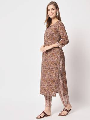 Brown printed cotton kurta set 3