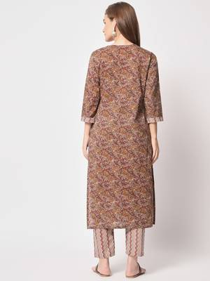 Brown printed cotton kurta set 4