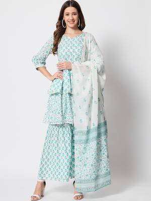 Turquoise cotton hand printed  kurta set 1