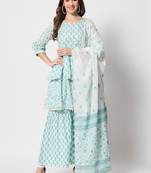 Turquoise cotton hand printed  kurta set
