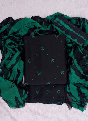 Black crepe dot print unstitched suit with chiffon dupatta 1