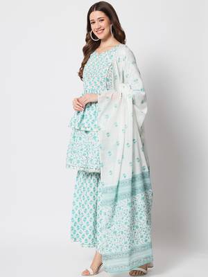 Turquoise cotton hand printed  kurta set 2