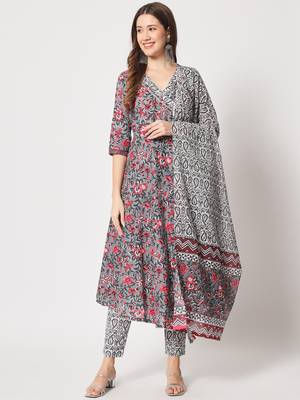 Grey cotton hand printed  kurta set 1