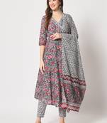Grey cotton hand printed  kurta set