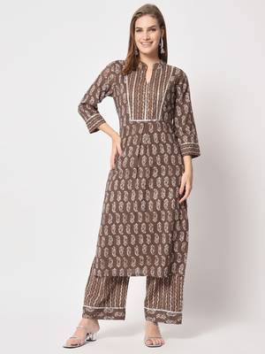 Brown printed cotton kurta set 1