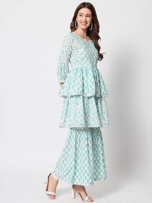 Turquoise cotton hand printed  kurta set 3