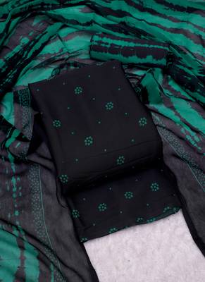 Black crepe dot print unstitched suit with chiffon dupatta 3